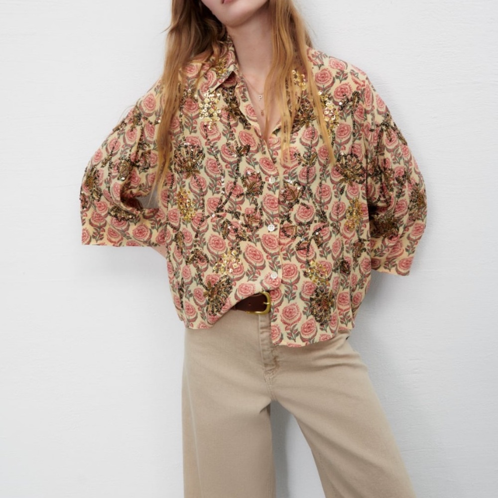 NWT Zara floral beaded button down top